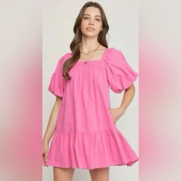 Tallulah sz Large Pink Puff Sleeve Mini Dress Square Neck Pockets Party Wedding - Picture 1 of 5